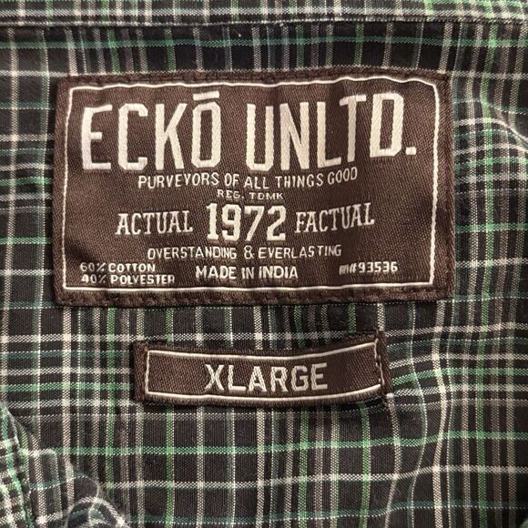 Ecko Unltd Short Sleeve Button Up Shirt Men’s X-Large Green/Black/Gray Plaid - Picture 4 of 6